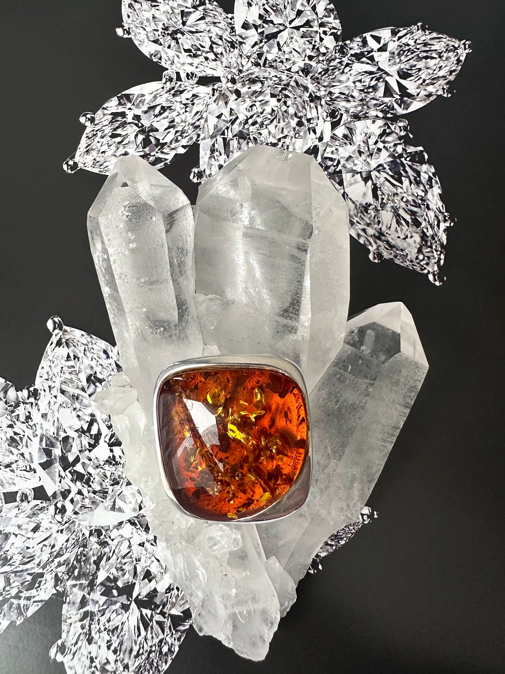 Large Amber Ring In Sterling SIlver