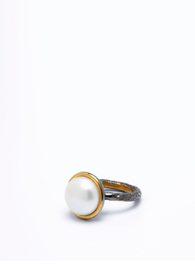18K Gold Large Natural Seawater Pearl Ring In Silver