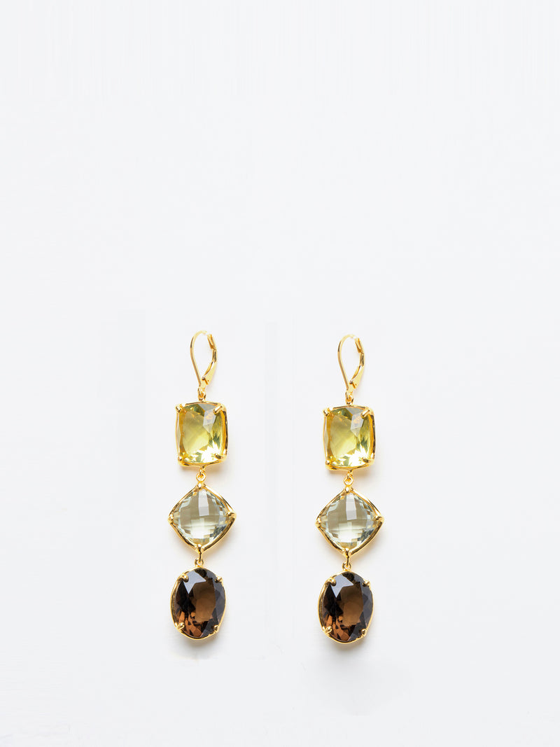 18K Yellow Gold & Mixed Color Stones Drop Earrings.