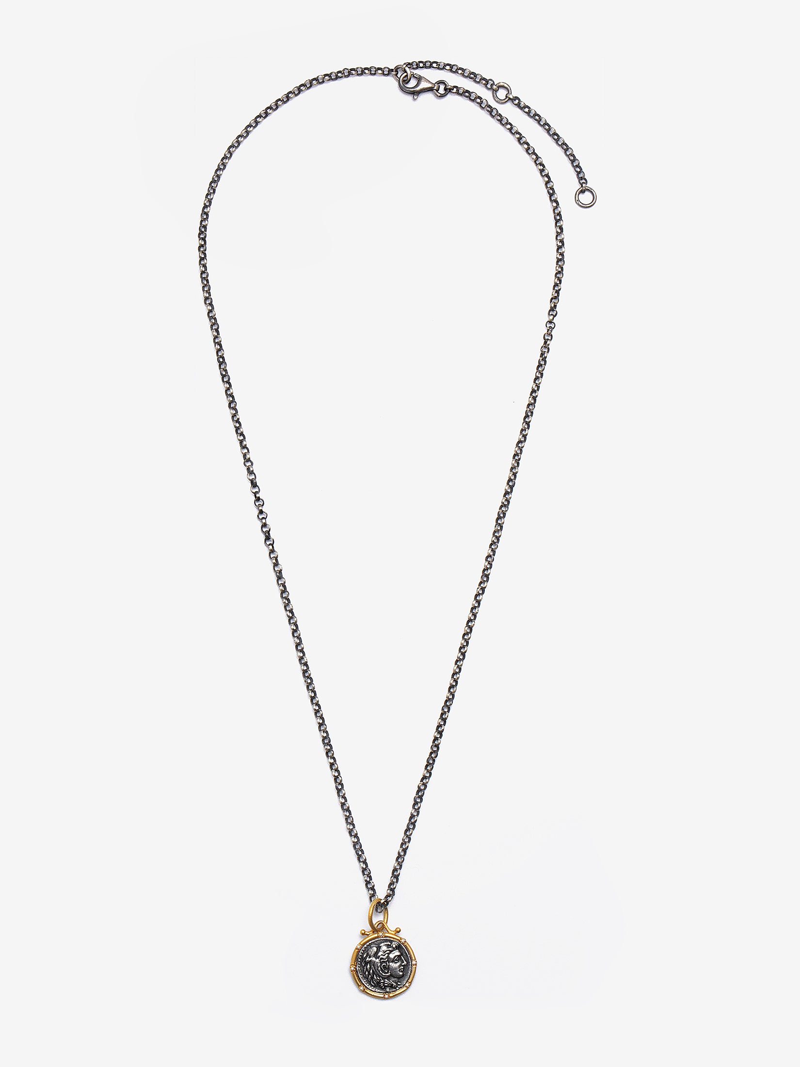 24 Karat Gold Diamond and Silver Coin Pendent Necklace of Alexander the Great